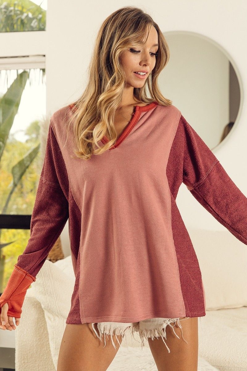 Terry Color Block Thumb Open V-Neck