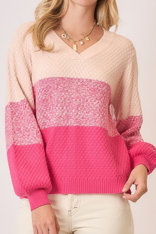 V Neck Color Block Waffle Knit Sweater