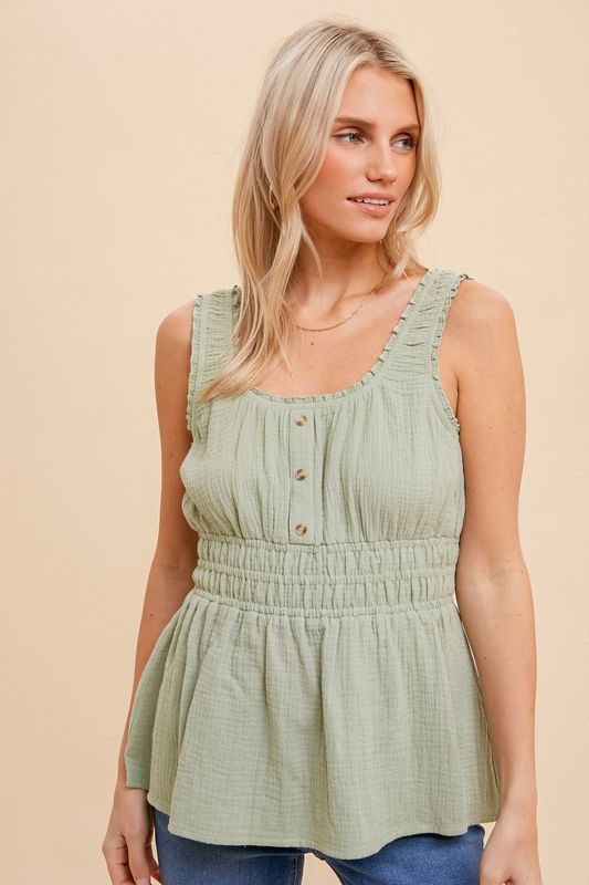 Shirring Cotton Gauze Peplum Top- Mint