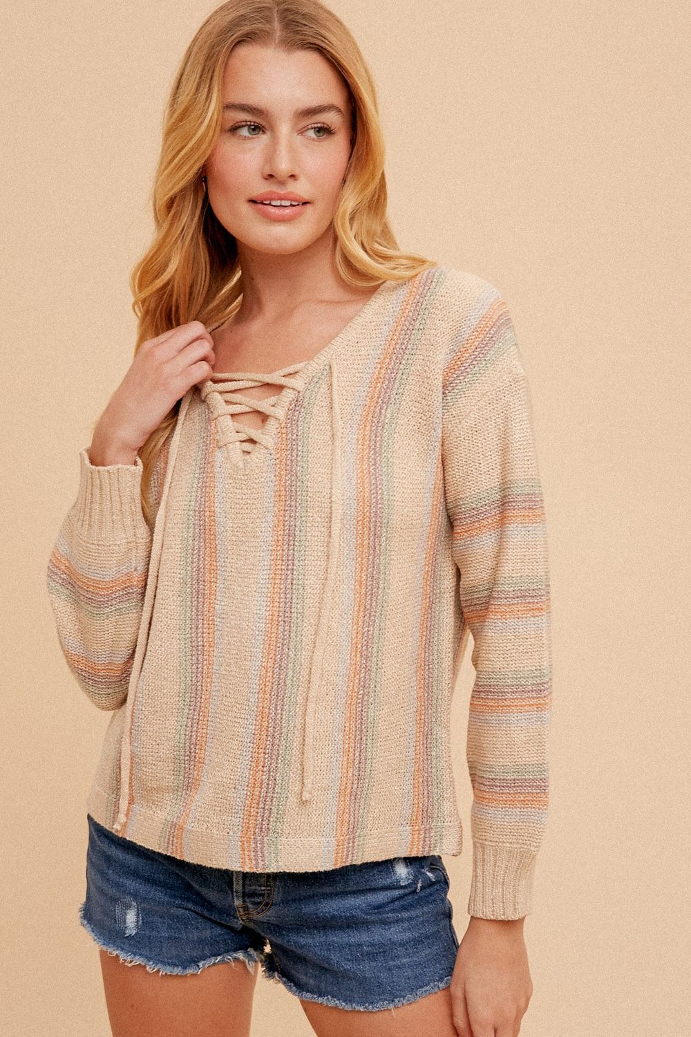 V-Neck Lace Up Boxy Stripe Sweater