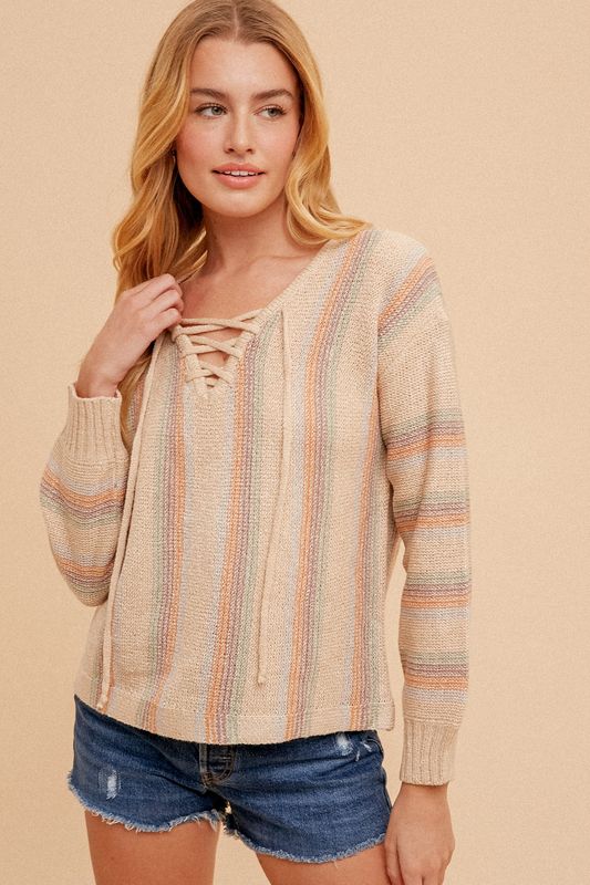 V-Neck Lace Up Boxy Stripe Sweater