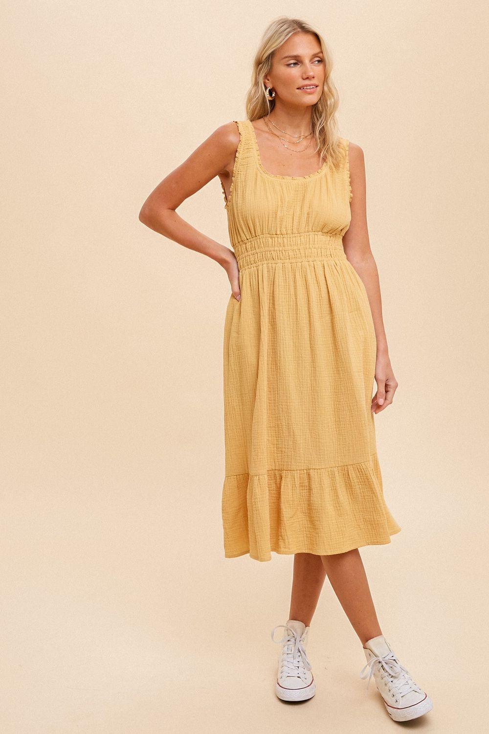 Cotton Gauze Shirring Midi Dress- Banana