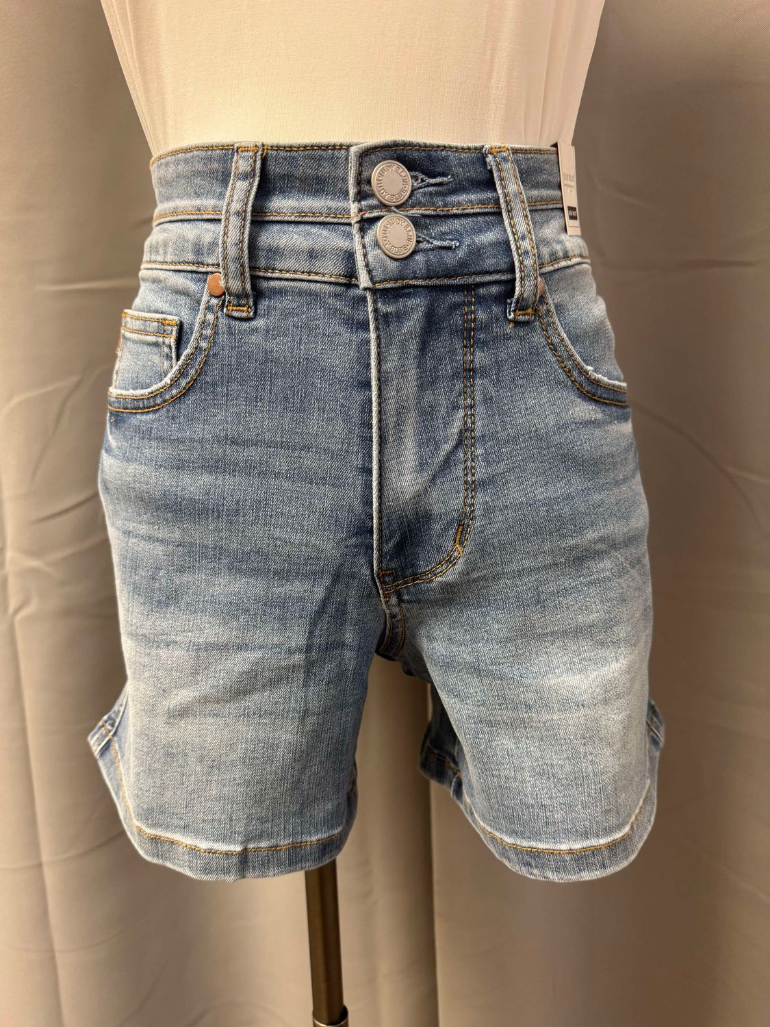 HW Tummy Control Cool Denim Double Waistband Shorts (150337)
