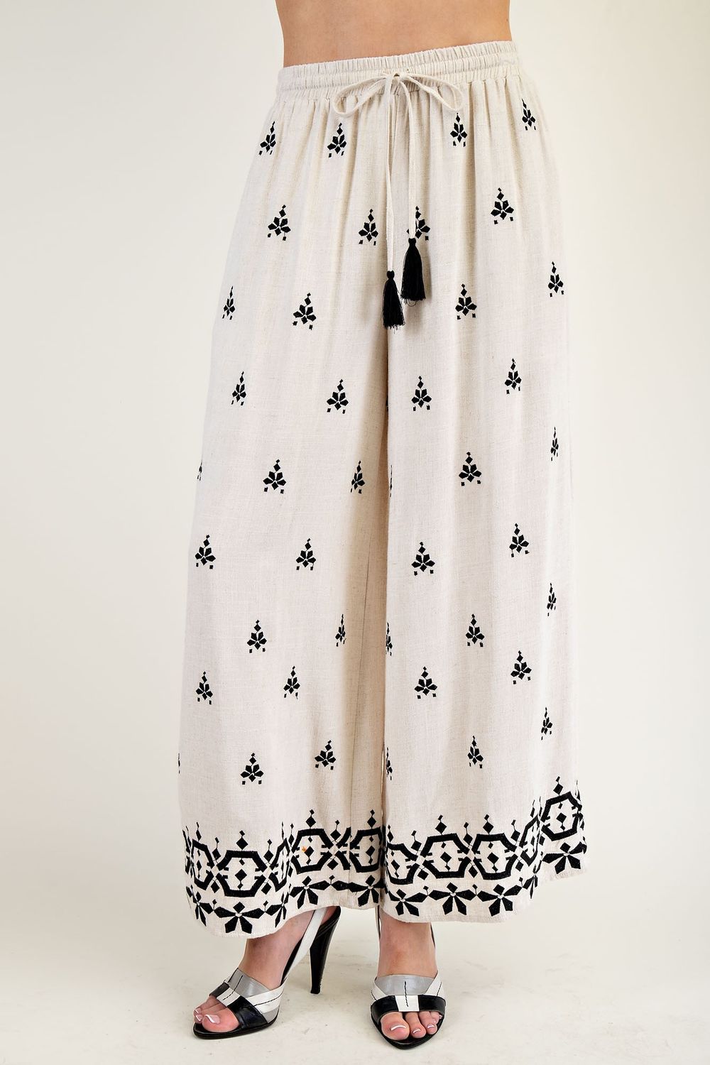 Border Pattern Embroidered Poly Linen Pants