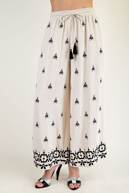 Border Pattern Embroidered Poly Linen Pants