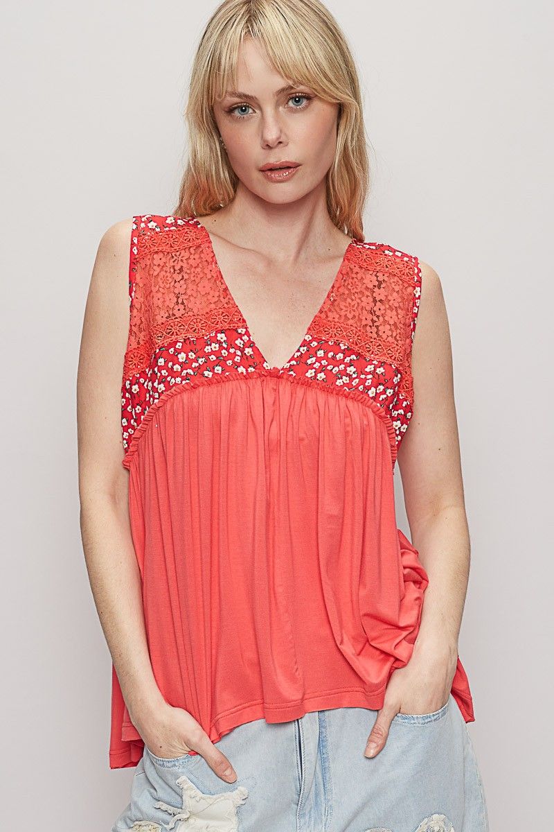 V-neck Floral Lace Knit Tank Top- Red