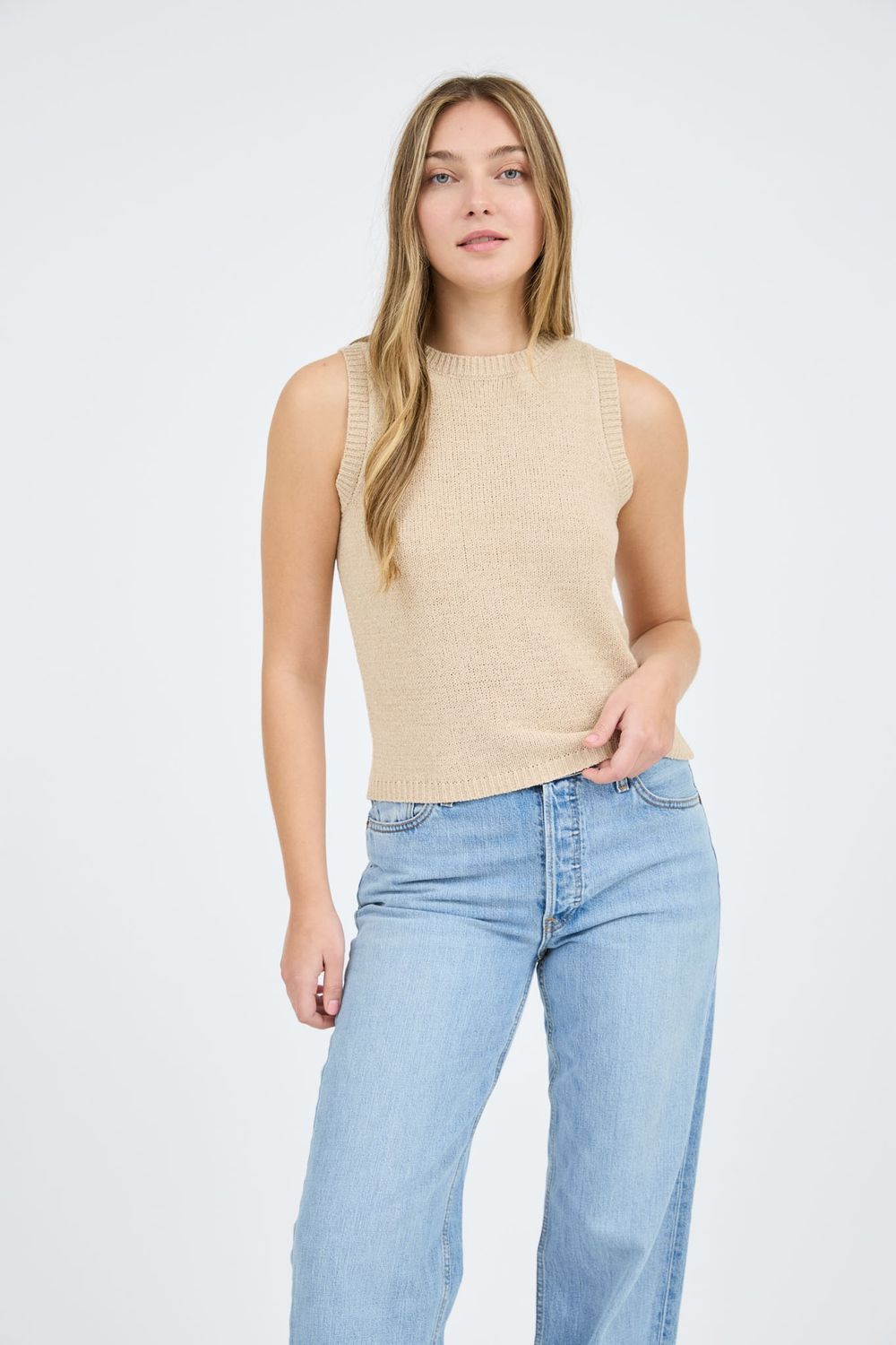Crew Neck Sleeveless Knit Sweater, Color: Light Taupe, Size: Small