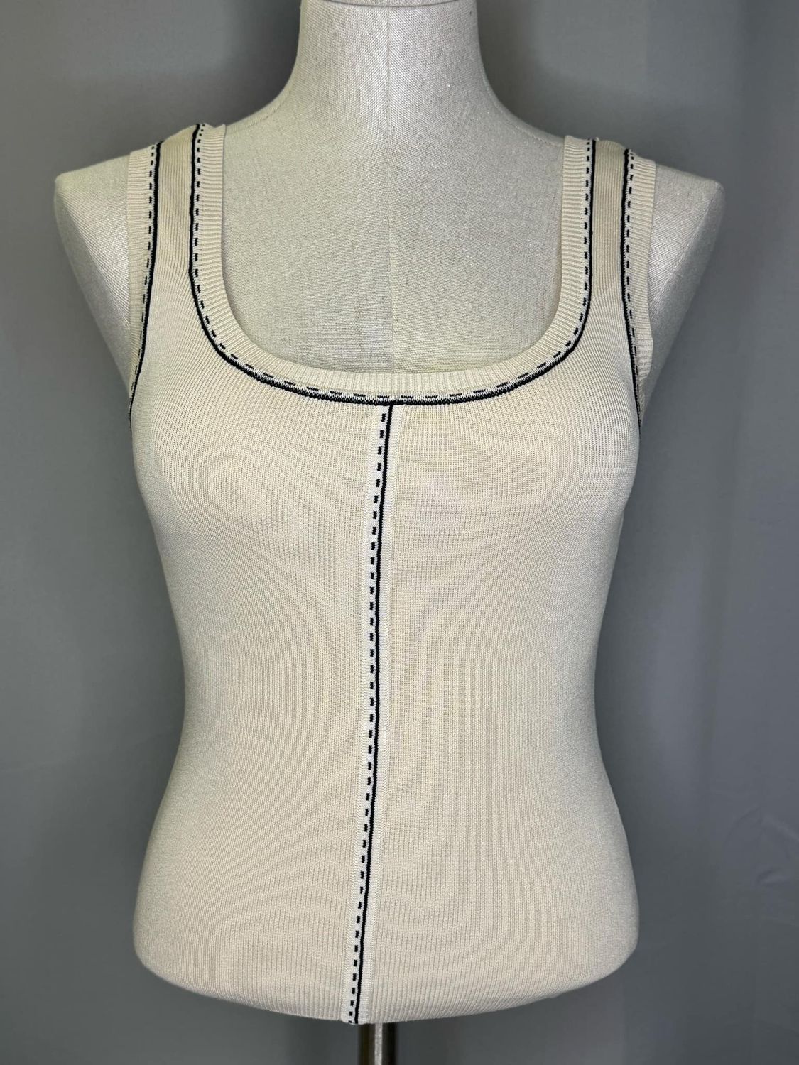 Contrast Line Stitch Sweater Knit Tank, Color: Light Khaki, Size: Small