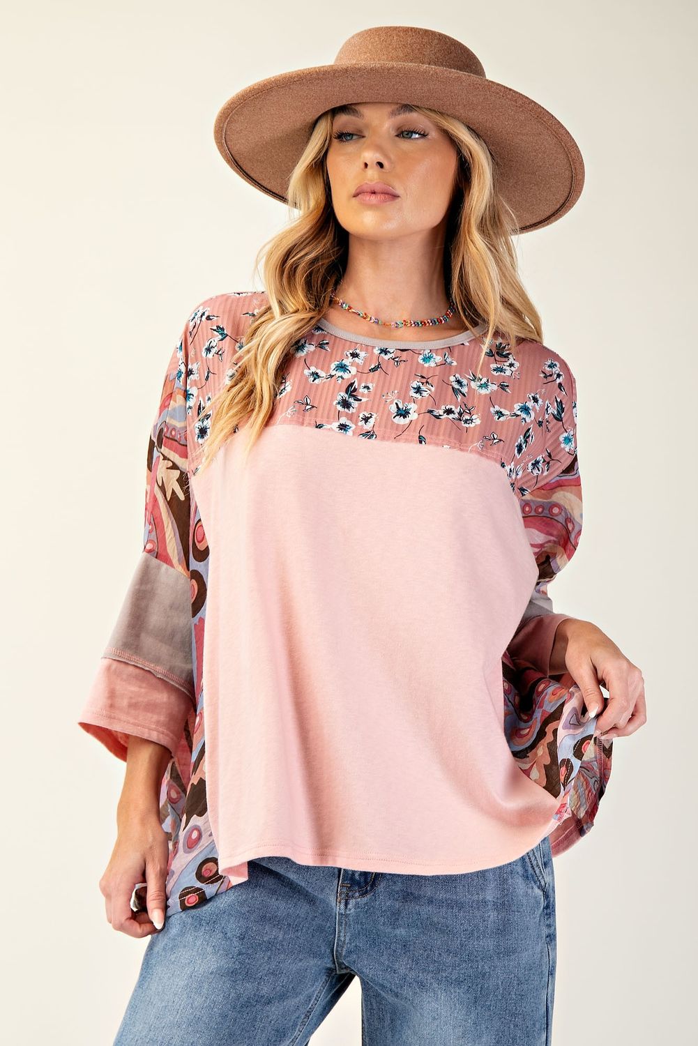 Print Mix Cotton Jersey Top, Color: Antique Rose, Size: Small