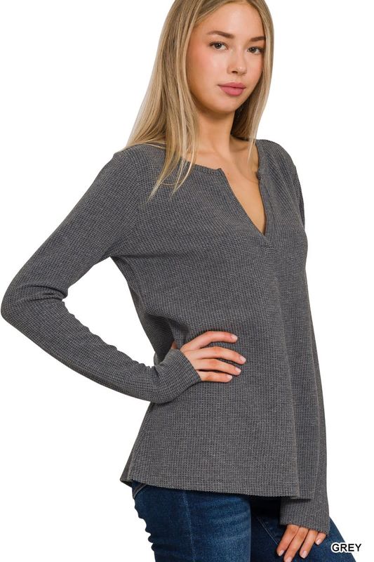 Melange Baby Waffle V-Neck LS
