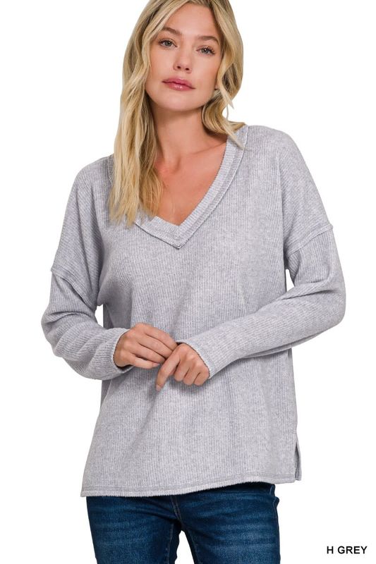 Ribbed V-Neck Drop Shoulder LS