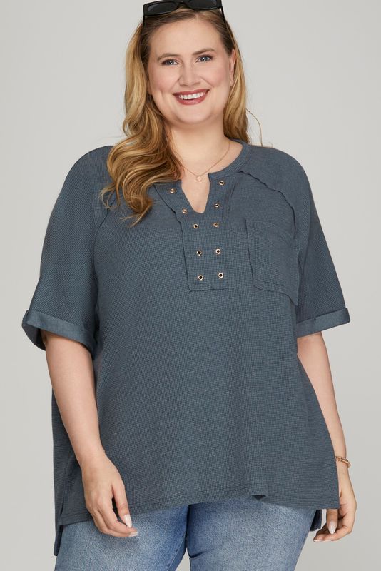 SS Washed Waffle Knit V-Neck w/ pocket