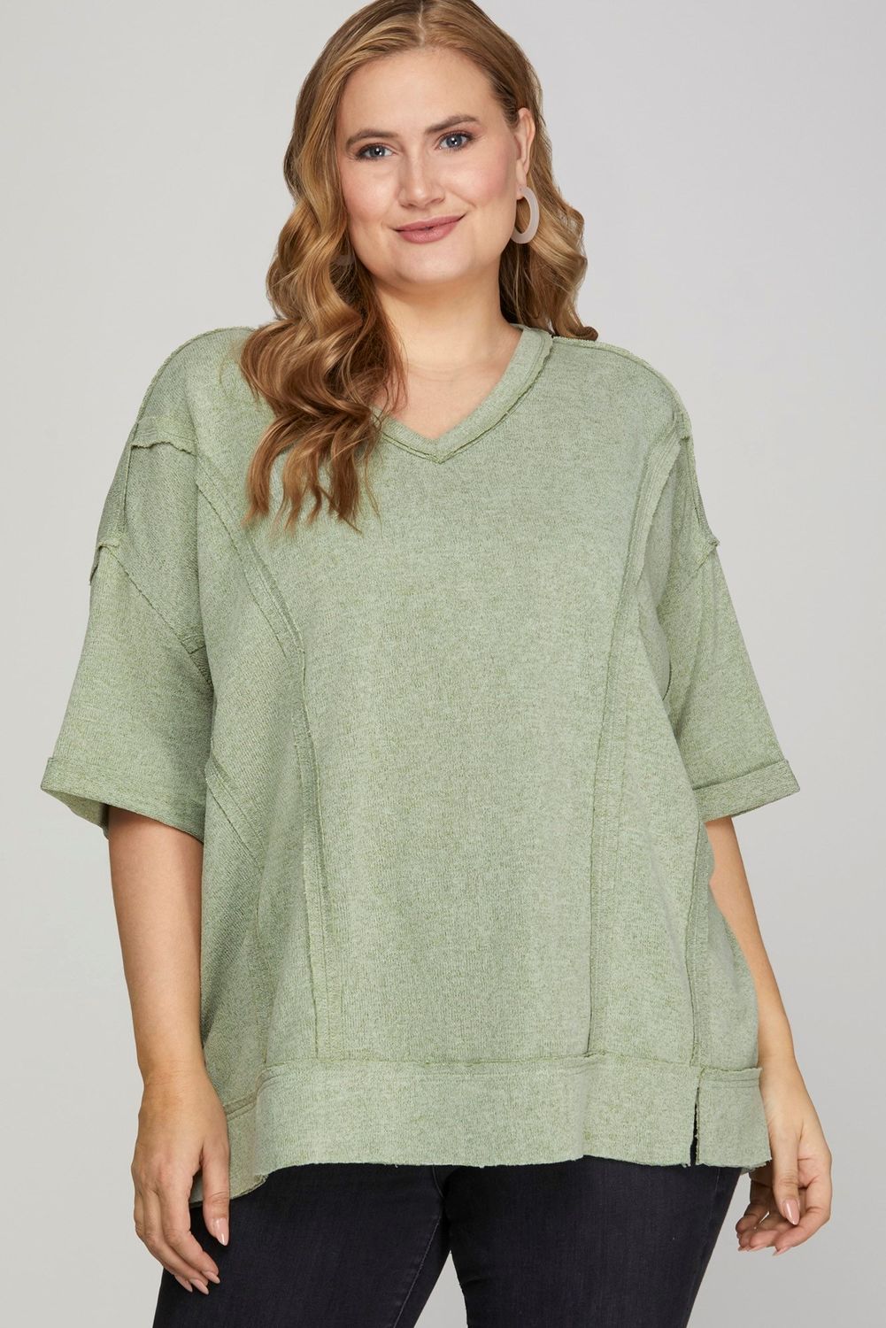 SS V-Neck Raw Edge Knit Top, Color: Slate, Size: X-Large