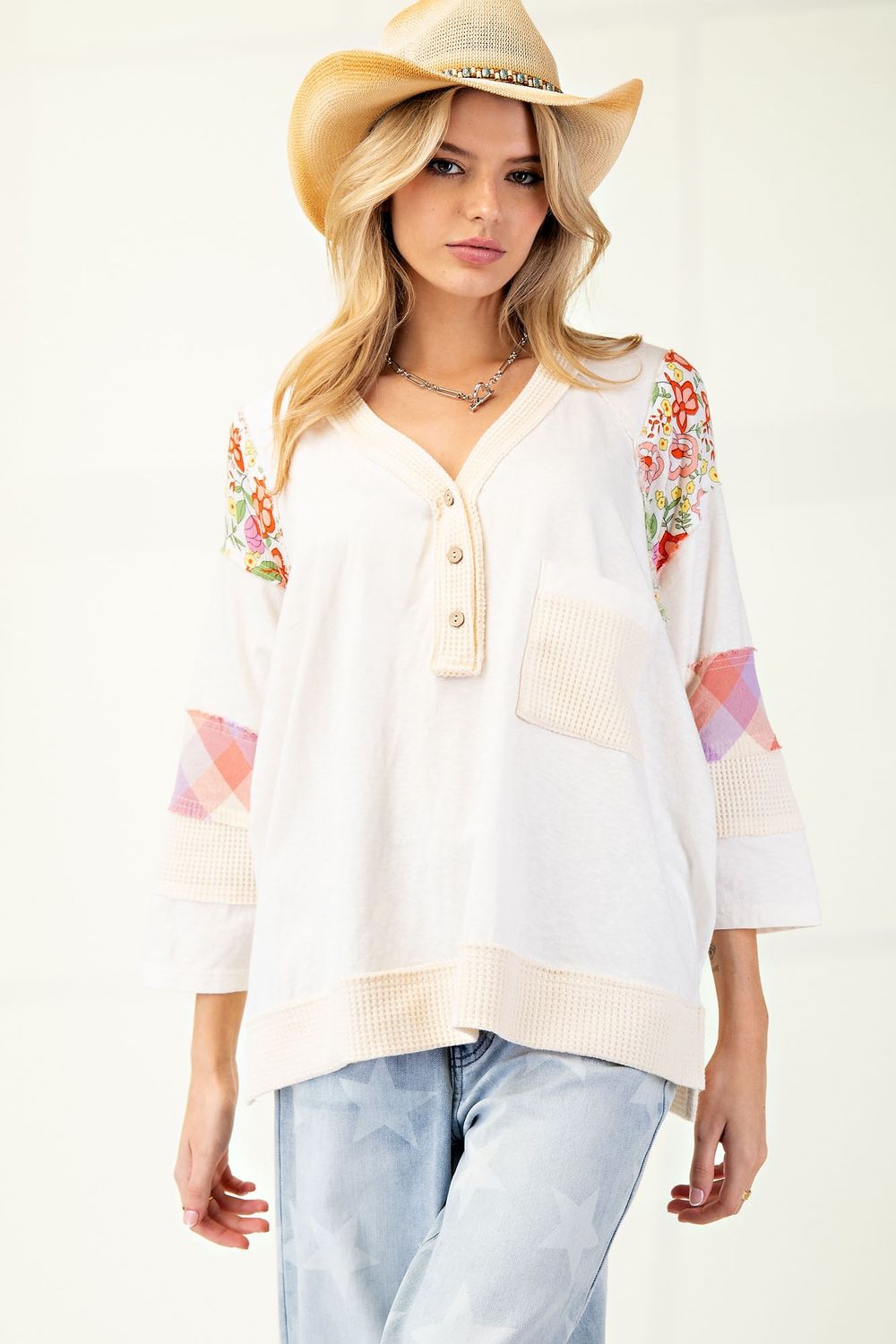 Print Mix Cotton Slub Soft Washed Henley Top, Size: Small