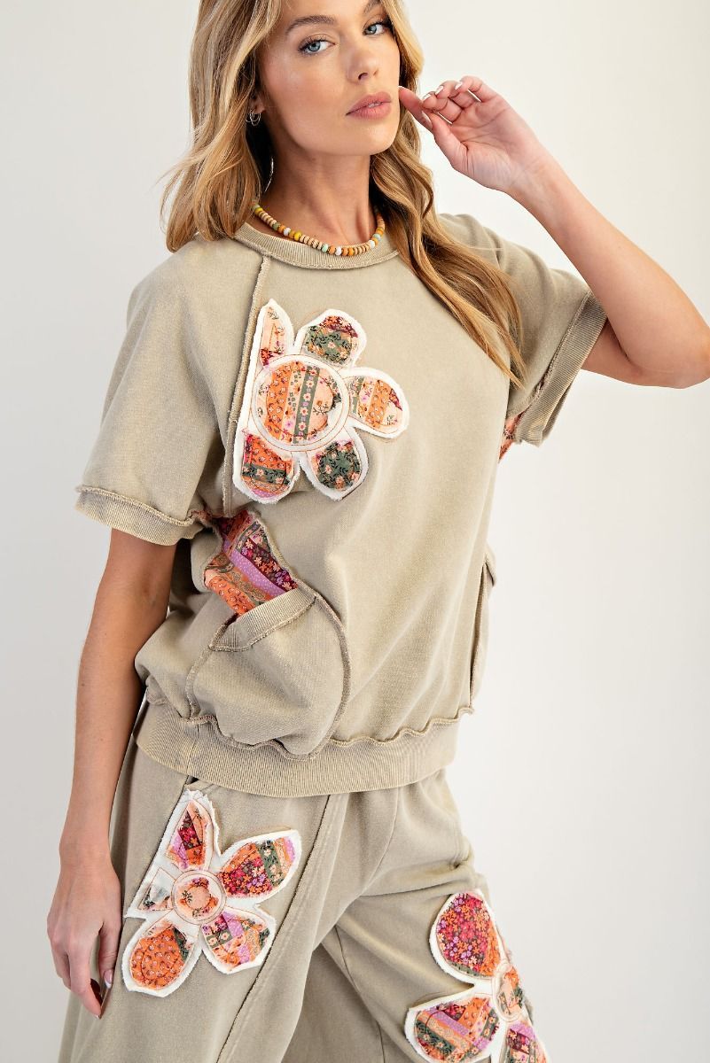 Faded Olive SS Flower Patch Top