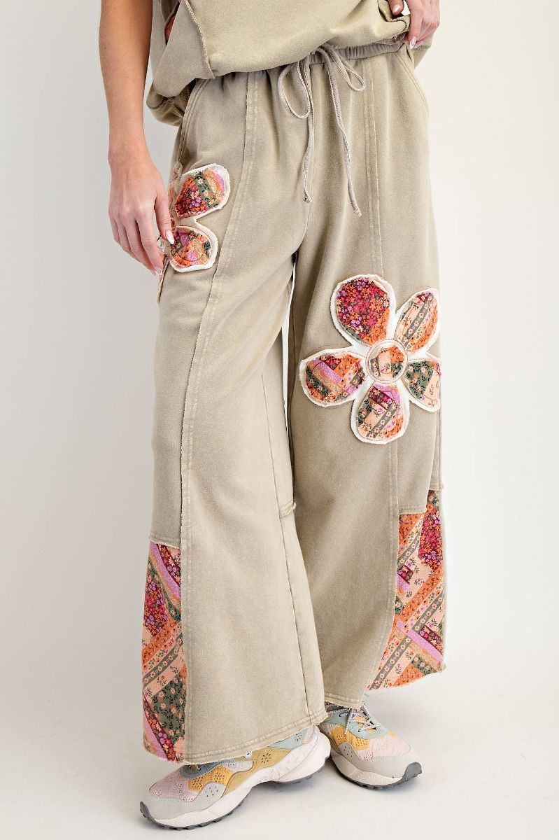 Faded Olive Flower Patch Knit Pants