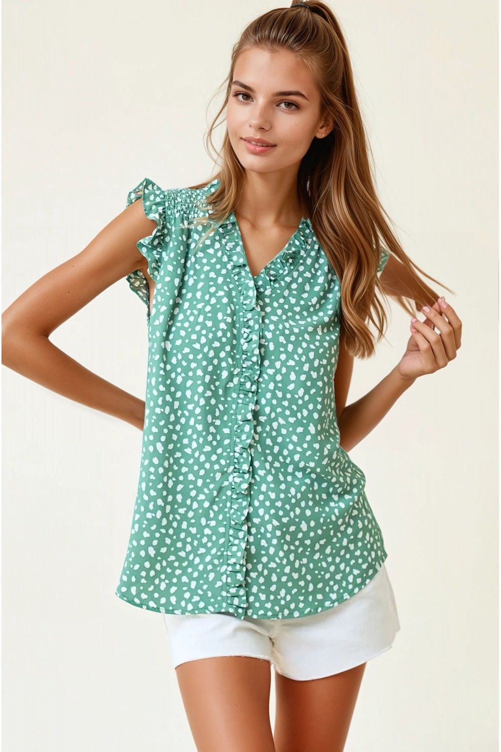 Smocked Print Frilled Top- Green