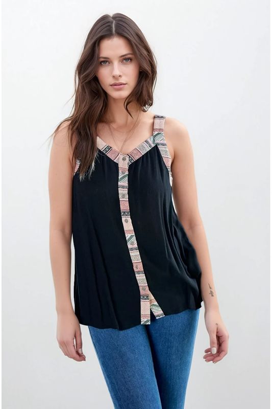 Button Front Flowy Tank- Black
