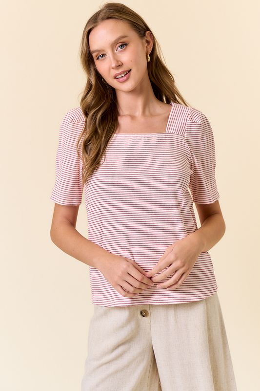 Striped Rib Square Neck Puff SS Tee