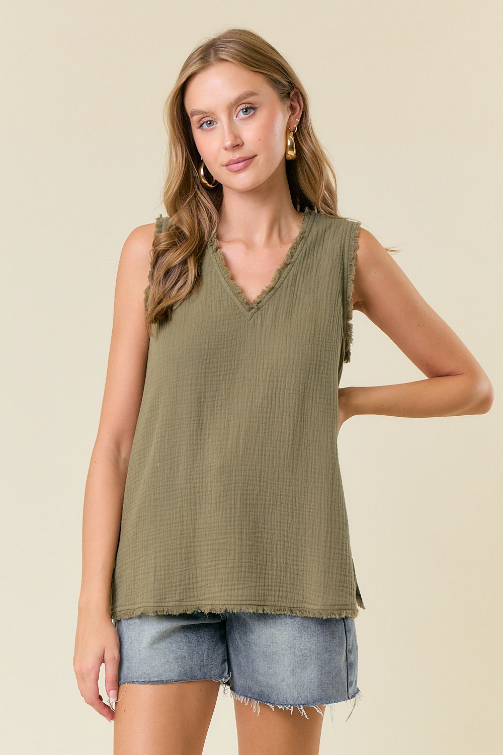 Frayed V-Neck Top, Color: Olive, Size: Small