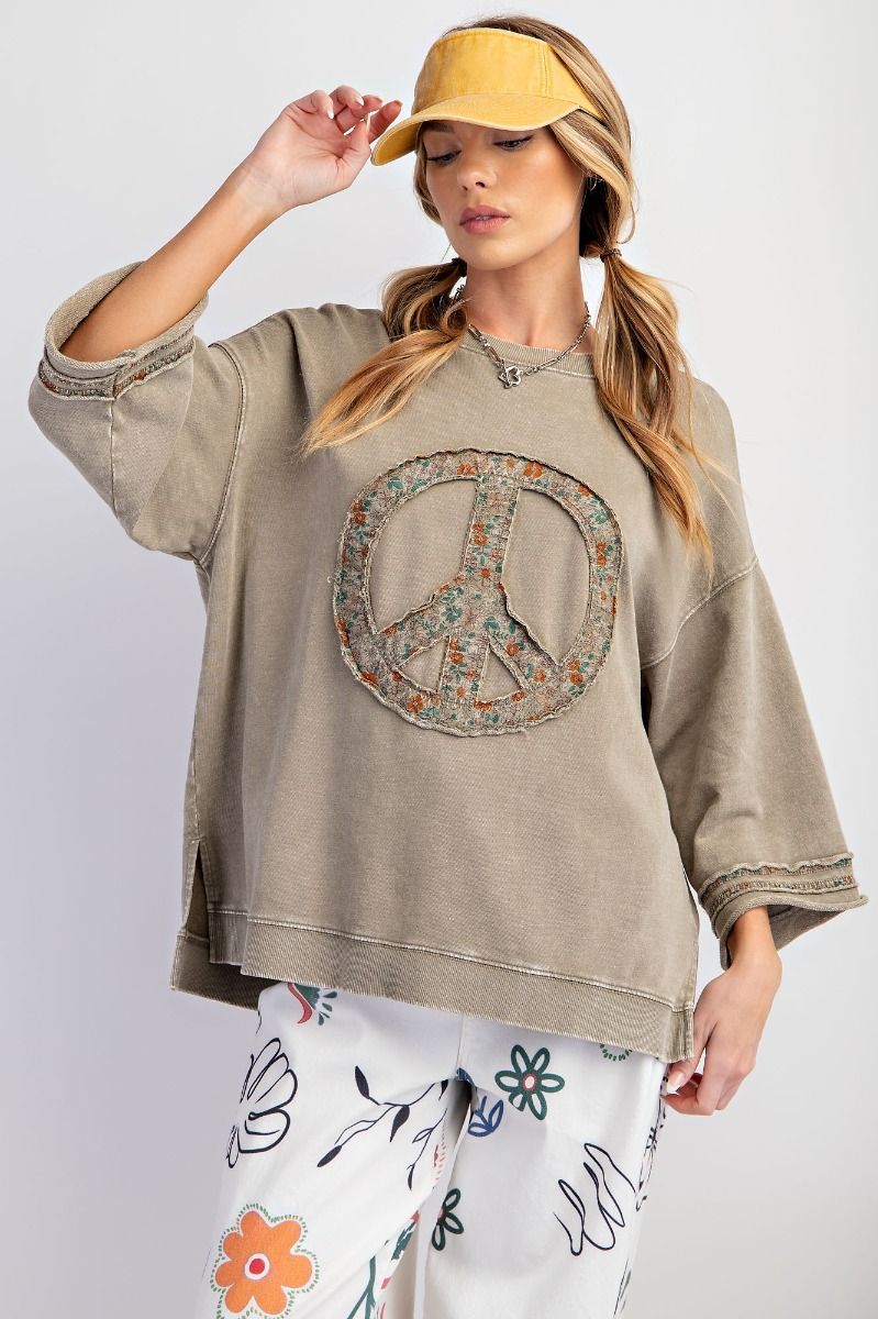 Mineral Wash Terry Floral Peace Sign Pullover