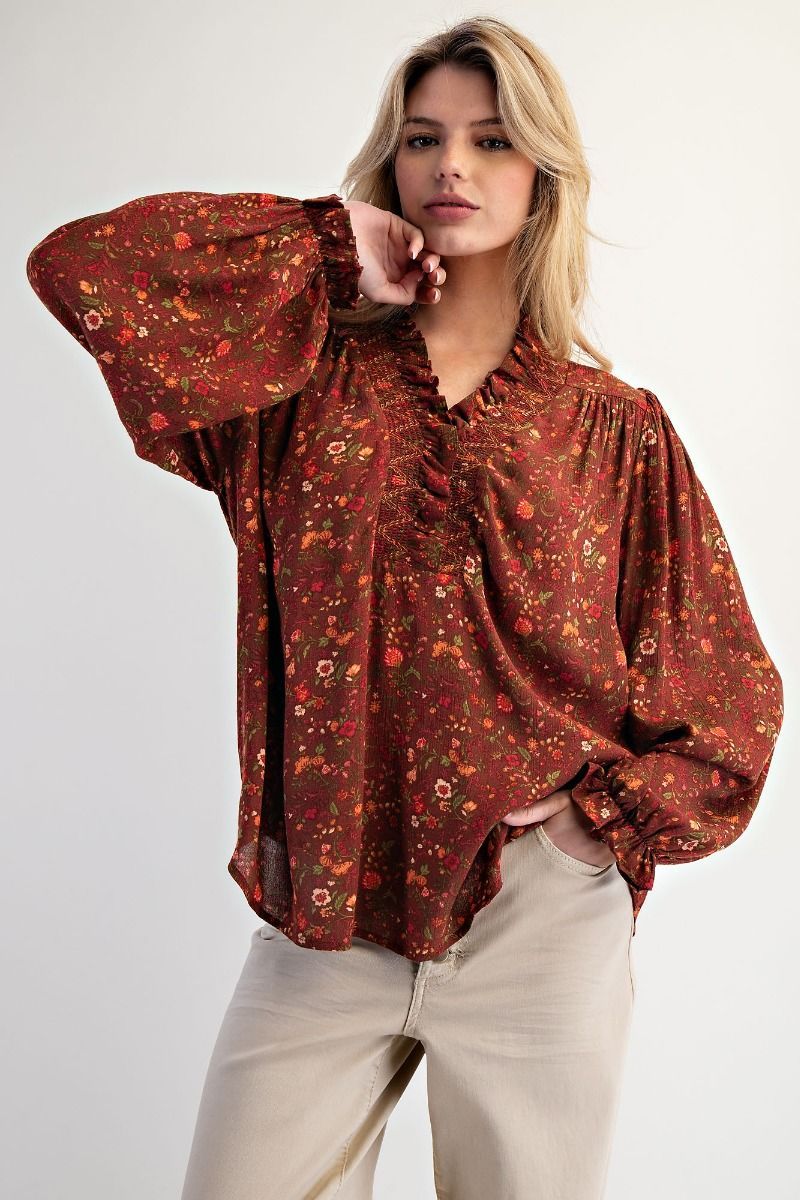 Floral Print Rayon Gauze Blouse PLUS