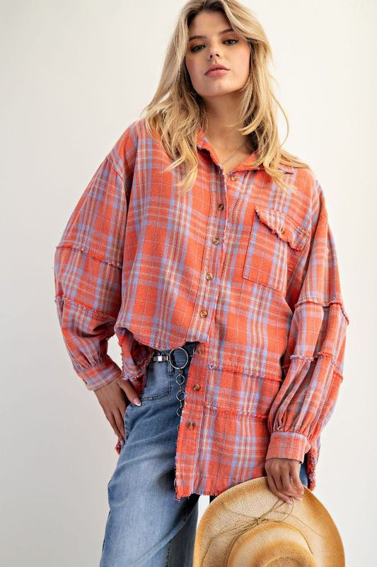 Washed Plaid Shirt Tunic- Coral