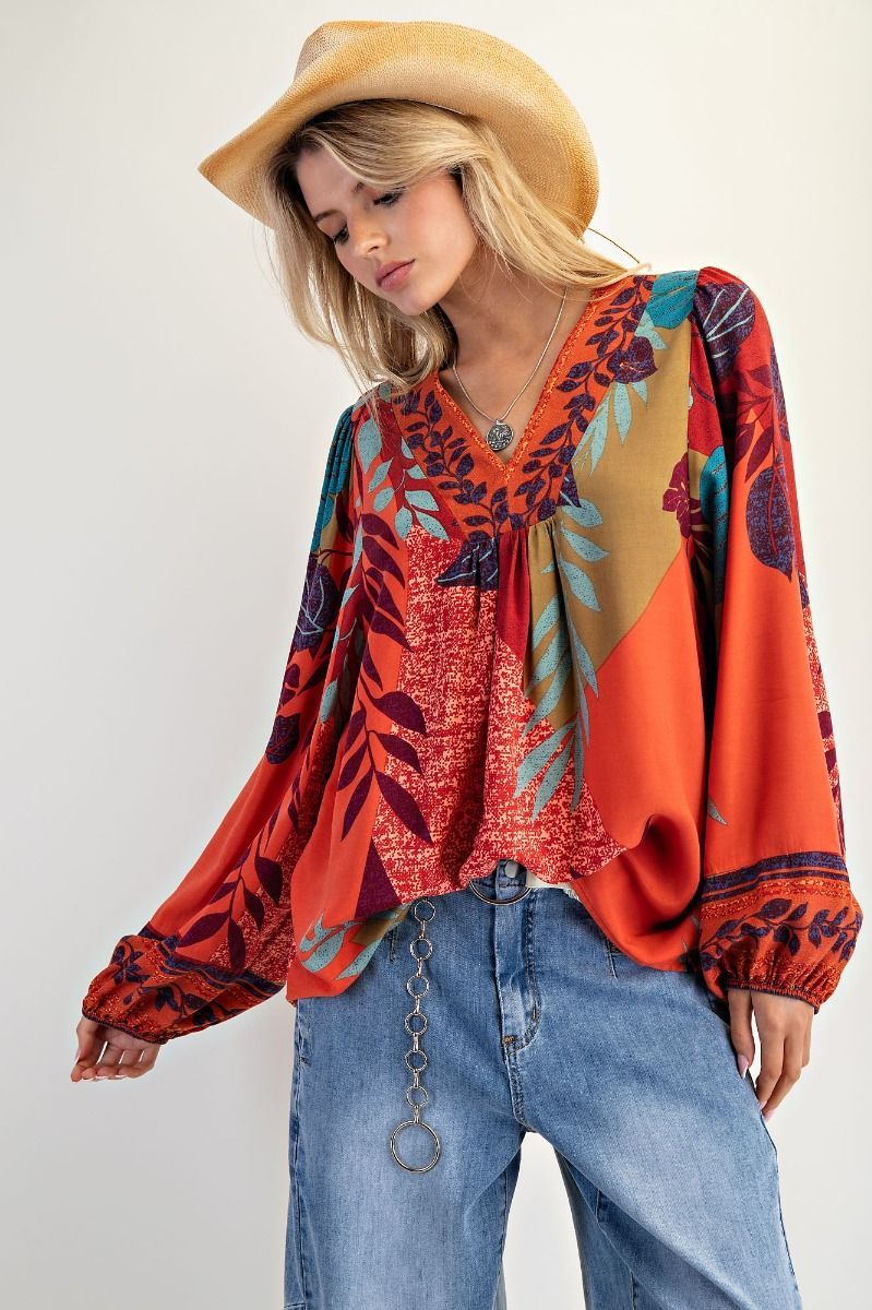 Border Print Rayon Challis Woven Top