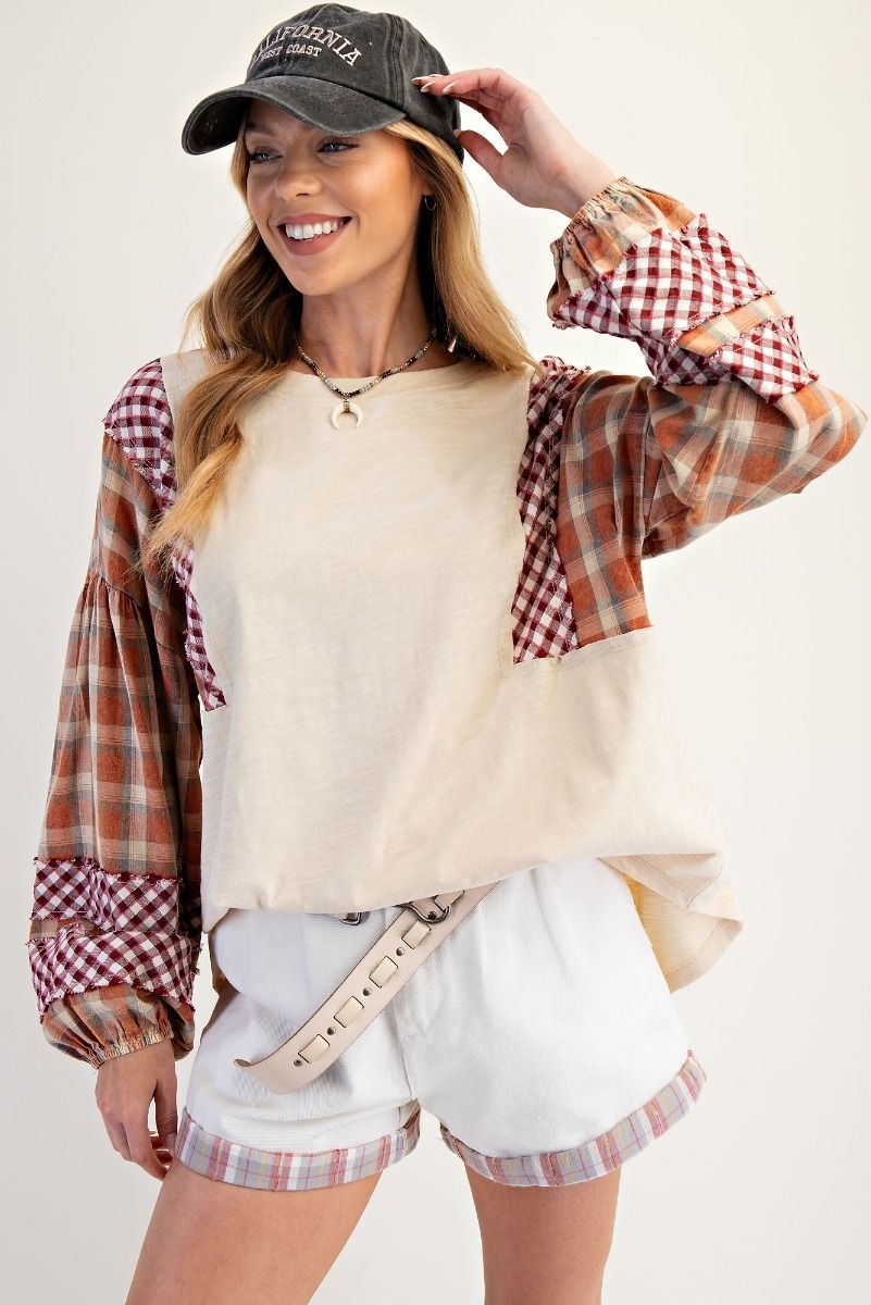 Plaid Mix Washed Cotton Slub Knit Top PLUS