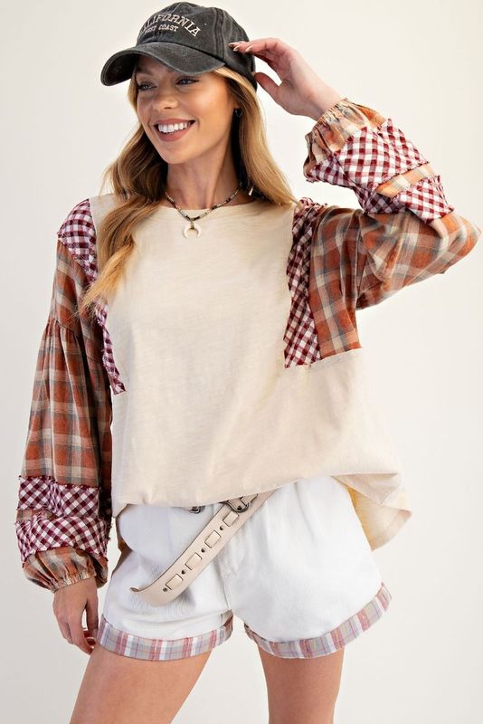Plaid Mix Washed Cotton Slub Knit Top