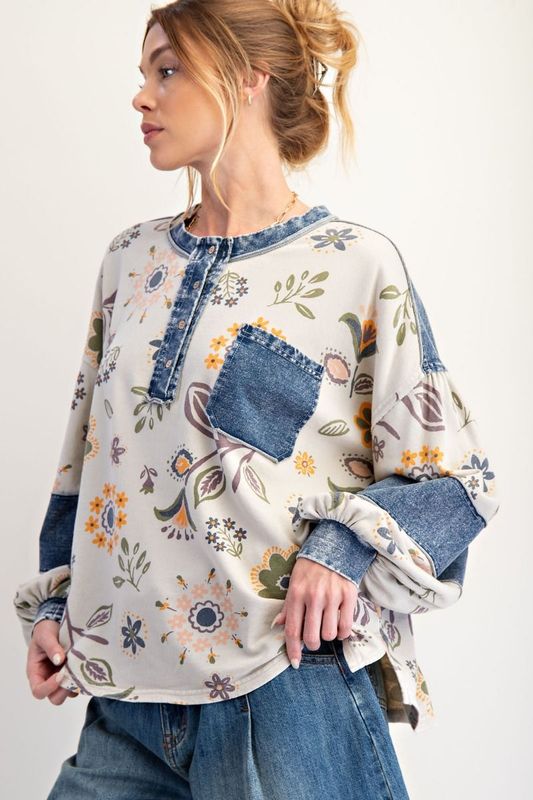 Floral Print Washed Terry Henley Top