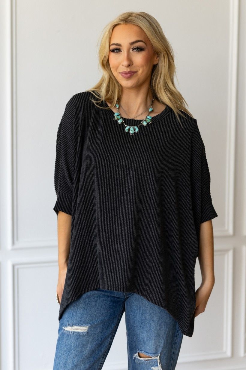 Curly Rib Knit Top, Size: Small/Medium, Color: Black