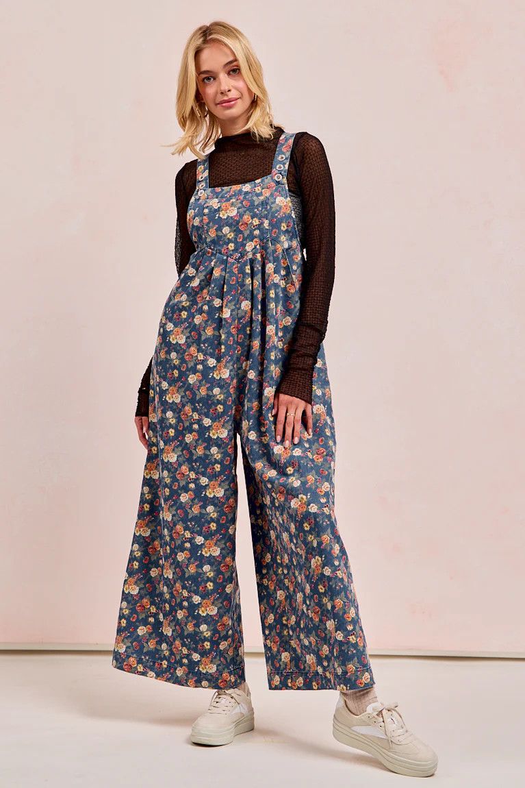 Washed Floral Denim Overall w/ Pleats
