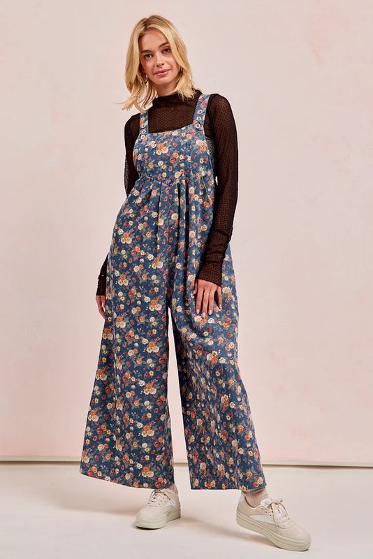 Washed Floral Denim Overall w/ Pleats