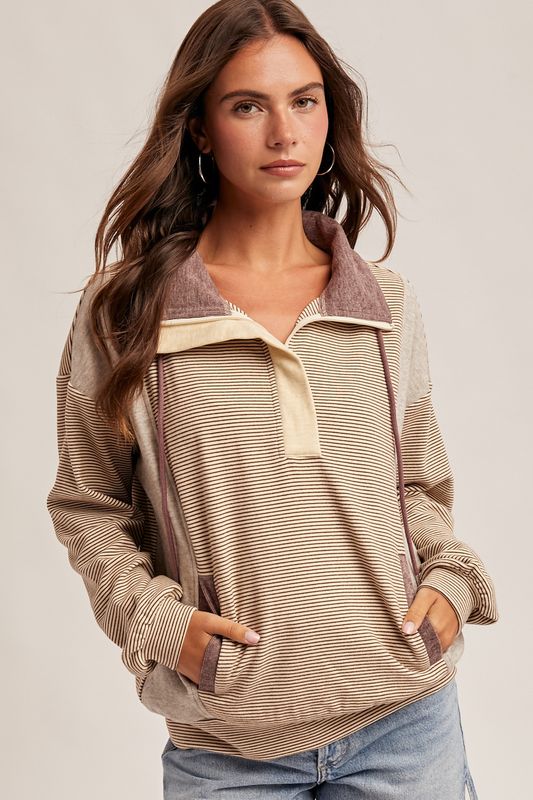 Half Zip Stripe Mixed Brushed Pullover