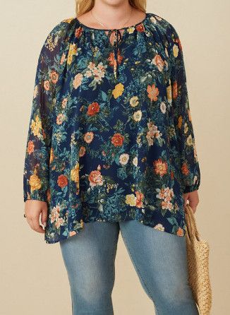 Mixed Floral Tie Detail Top- Navy PLUS