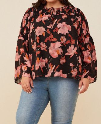 Floral Smocked Tie Top – Black Plus