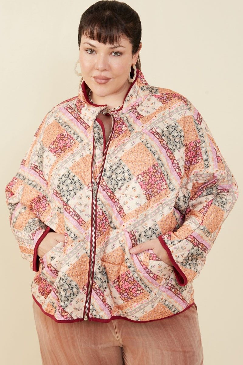 Patch Print Quilted Jacket – Burgundy Plus