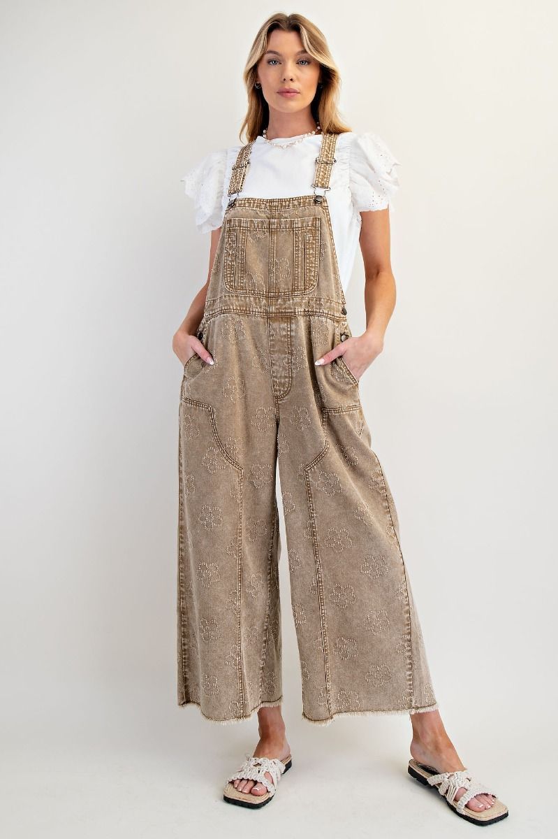 Floral Pattern Washed Twill Overalls