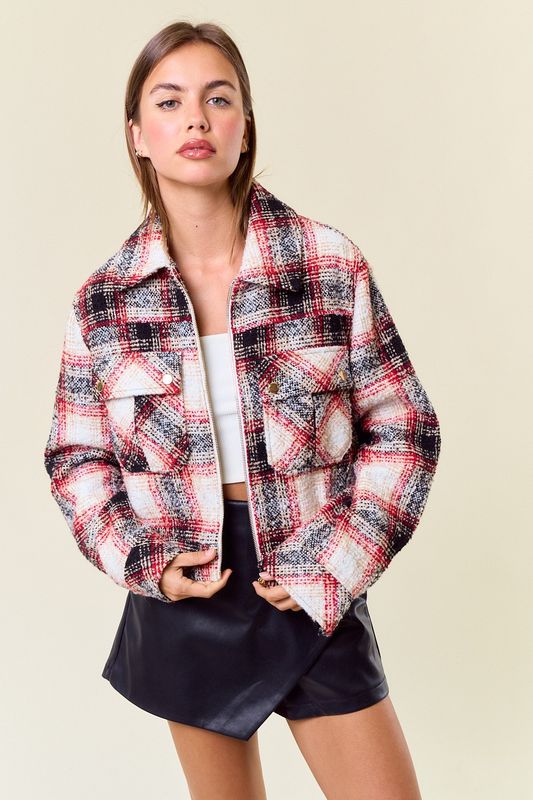 Textured Plaid Collared Neck Jacket
