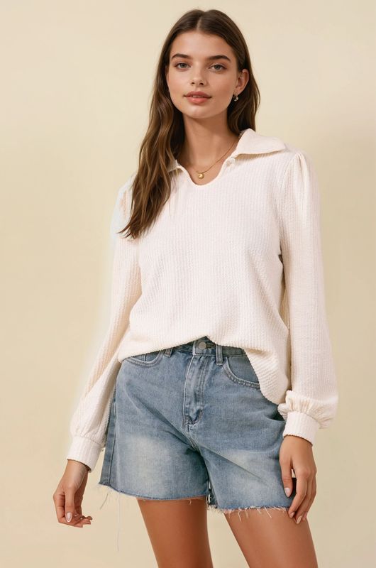 Striped Camp-Collar Puff Top
