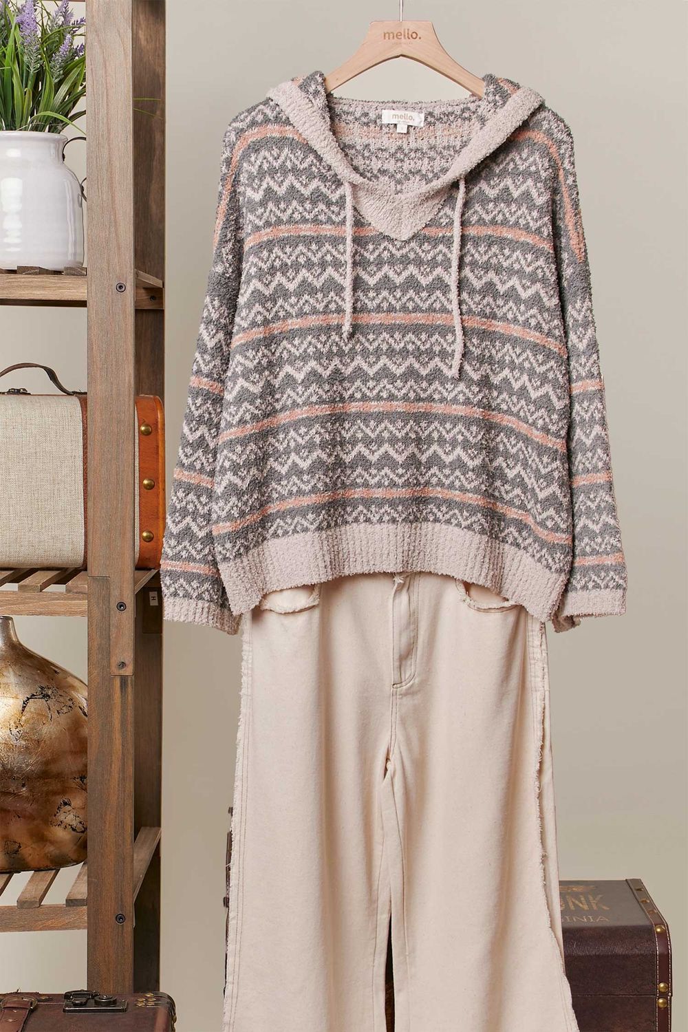 Zigzag Pattern Fleece Knit Hoodie