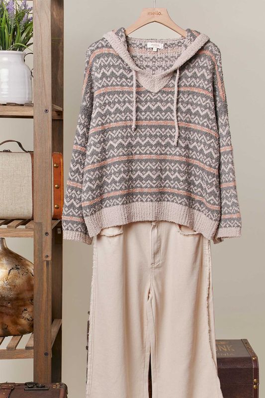 Zigzag Pattern Fleece Knit Hoodie