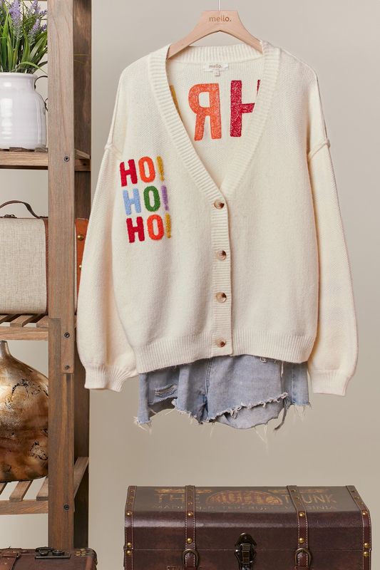 Christmas Lettering Patchwork V-Neck Cardigan