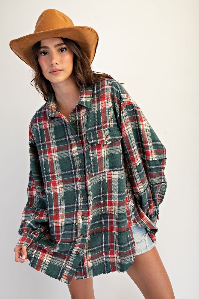 Washed Plaid Tunic Top- Red&amp;Green