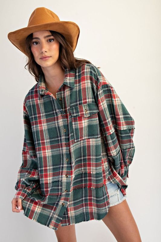 Washed Plaid Tunic Top- Red&amp;Green
