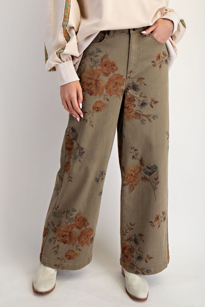Floral Twill Stretch Pants- Olive