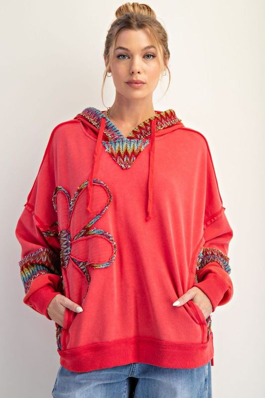 LS Daisy Patch Front Hoodie - Red