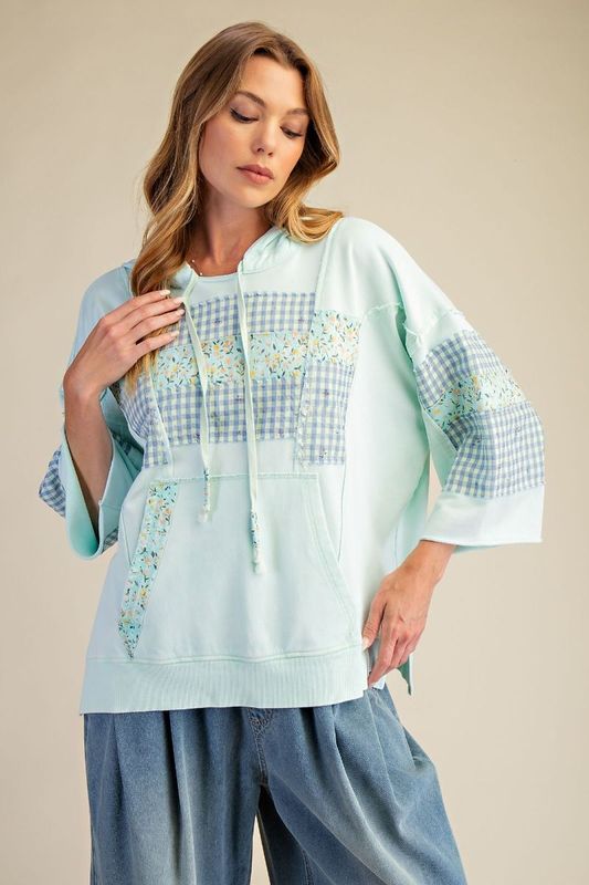 Floral Print Hoodie Pullover- Mint Blue