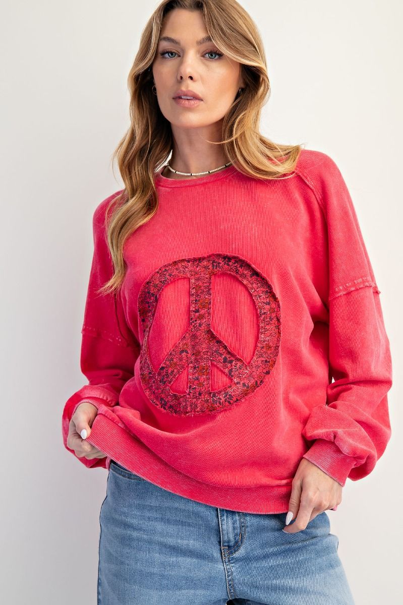 Peace Sign Washed Terry Pullover- Strawberry